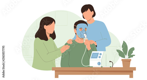 Family caring for man using nebulizer, medical treatment, home healthcare