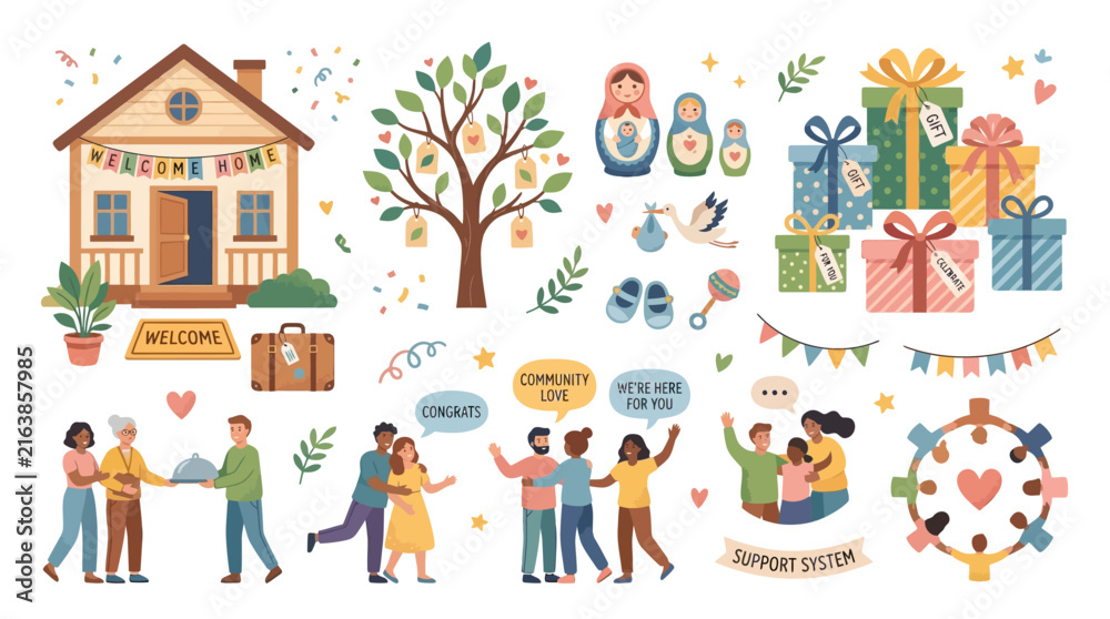 Naklejka premium Family Growth and Community Support Celebration Vector Illustration Featuring People, Gifts, and Home Elements for Social Events