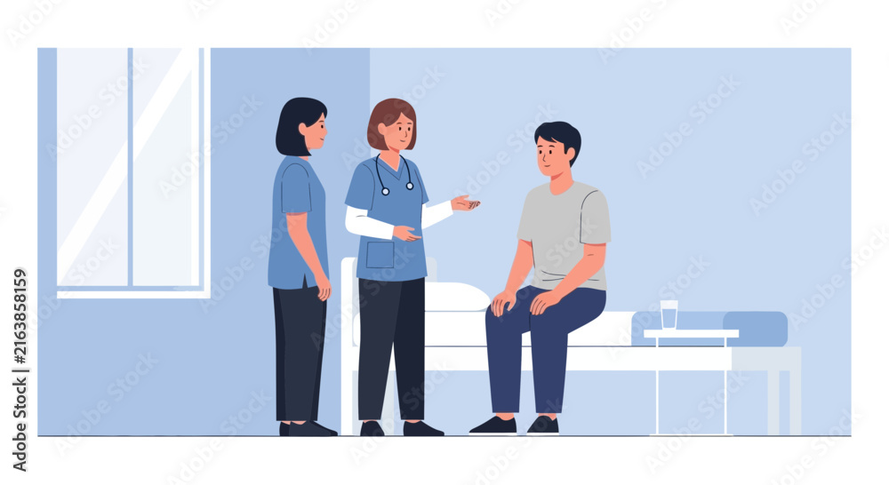 Obraz premium Nurse talking to patient with medical assistant present in hospital room