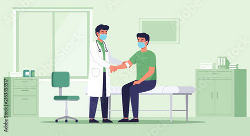 Doctor checks patient's blood pressure in clinic room