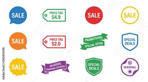 Collection of colorful retail sale and discount tags.