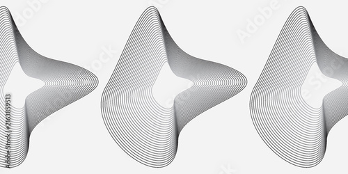 Abstract Minimalist Wave Line Pattern Triptych With Flowing Geometric Contour Shapes On White Background