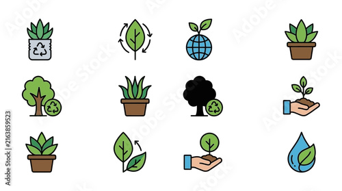 Collection of ecology, nature, and environmental growth icons.