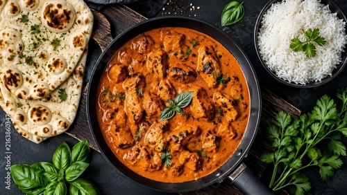 Chicken Tikka Masala in Skillet with Naan Bread and Basmati Rice