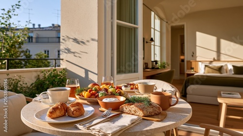 A breakfast spread on a balcony with a view of a cityscape and a cozy bedroom in the background