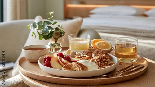A breakfast tray with fresh fruit, pastries and drinks on a wooden table near a bed