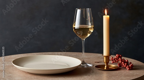 A candle  wine glass  and plate on a wooden table with red berries