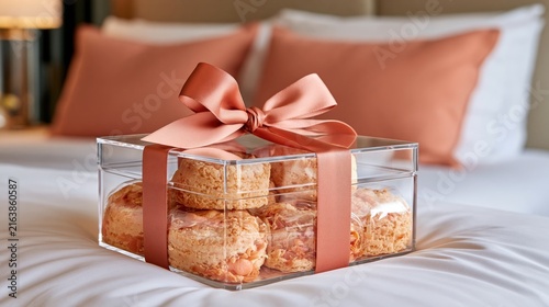 A clear box with pastries tied with a pink ribbon sits on a bed with matching pillows