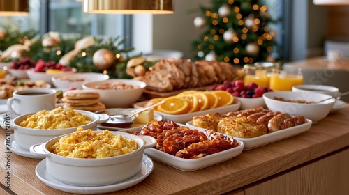 A festive breakfast buffet with scrambled eggs  bacon  sausages  and fresh fruit on a wooden table