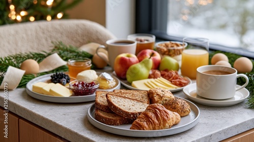 A festive breakfast spread with fresh fruit  pastries  cheese  and beverages on a marble countertop