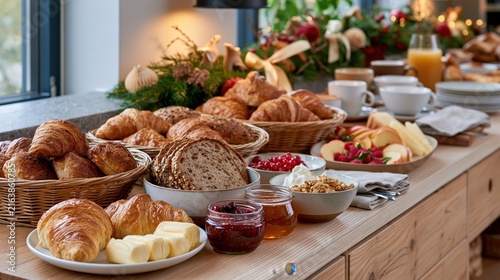 A festive breakfast spread with croissants  fresh fruit  and warm beverages on a wooden table