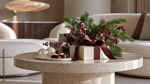 A festive holiday arrangement with pine  berries  and a gift box on a marble coffee table