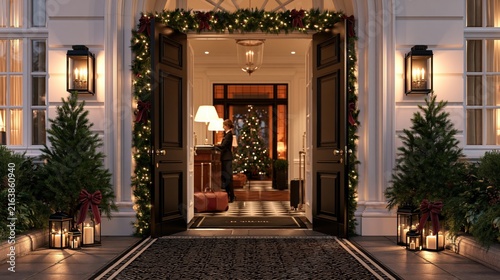 A festive hotel entrance decorated with Christmas lights and garlands at night