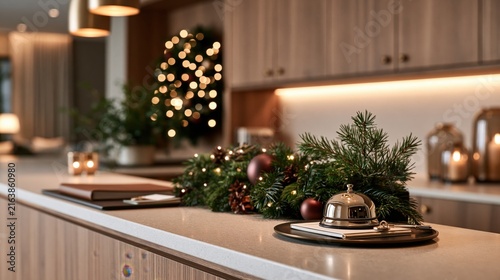 A festive hotel lobby with a service bell  pine garland  and warm holiday lights
