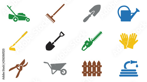 Colorful gardening tools and backyard equipment icons.
