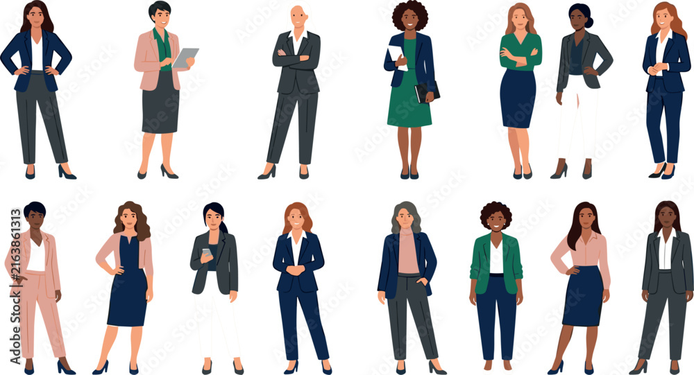Obraz premium Diverse Business Women Vector Character Set Featuring Professional Female Executives Leaders and Corporate Office Workers Wearing Smart Suits and Skirts for Web UI Layouts