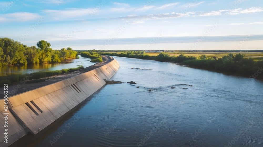 Fototapeta premium Concrete river embankment at sunset, industrial water canal infrastructure, scenic waterway landscape with green trees and blue sky