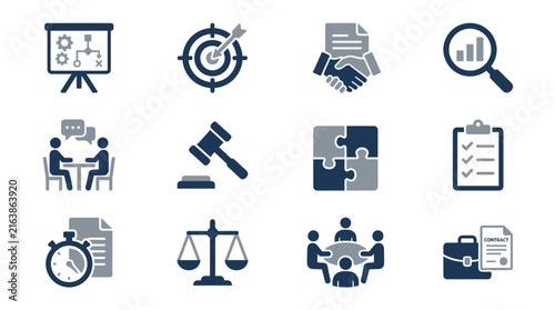 Corporate strategy, legal, and financial analytics icons.