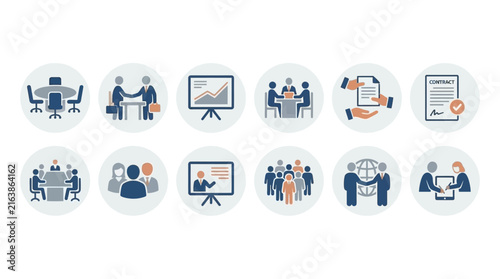 Corporate team meeting and collaboration circle icons.