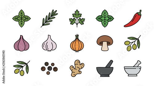 Culinary spices and cooking ingredient line icons.