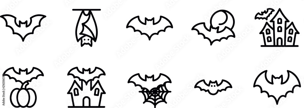 Fototapeta premium Set of hand drawn bat icons for halloween design elements featuring spooky houses pumpkins and full moon