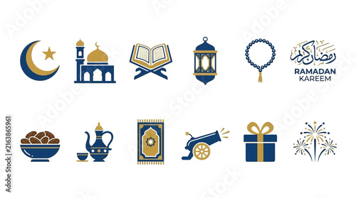 Detailed Ramadan Kareem festival icons with gold accents.