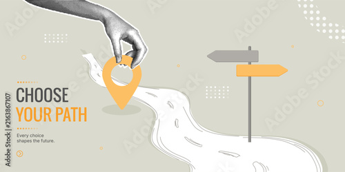 Decision making and determination. A stylish halftone collage. Concept of pathfinding, career planning, and life strategy in the context of business growth.