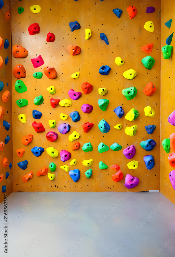 Fototapeta premium Indoor rock climbing wall with colorful holds, fitness and adventure sport, active lifestyle and challenge
