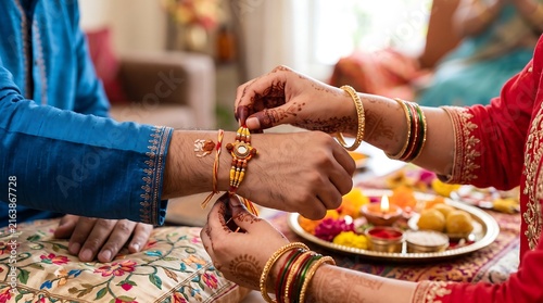 Rakhi Bandhan sister tying sacred thread on brother wrist during festival celebration