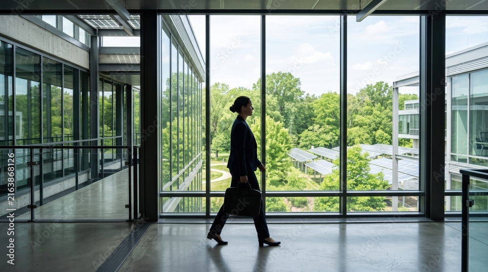 Fototapeta premium Businesswoman walking in modern glass corridor with green nature view and solar panels outside, sustainable architecture, eco-friendly corporate environment