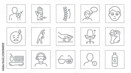 Ergonomic office health and posture line icons.
