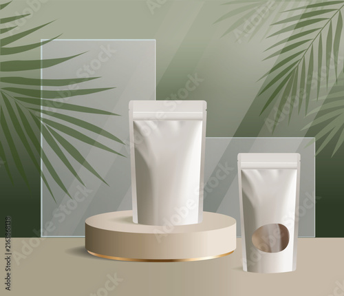 Vector Minimalist cosmetic product packaging mockup featuring two white pouches displayed on round pedestal against soft natural green background with tropical leaf shadows
