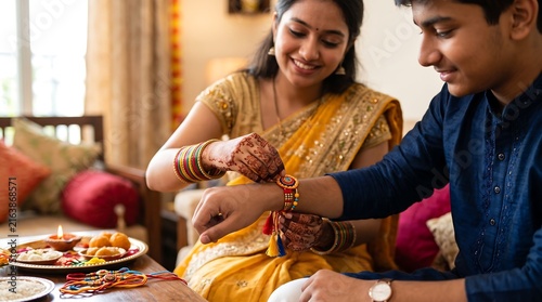 Rakhi Bandhan celebration with sister tying sacred thread on brother wrist in home