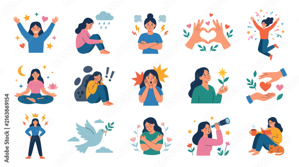 Fototapeta premium Flat Style Vector Illustrations of Women's Emotions and Self-Care Concepts