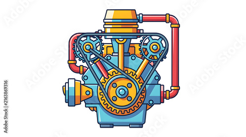 Engine block illustration shows pistons, timing belt, and colorful mechanical parts.