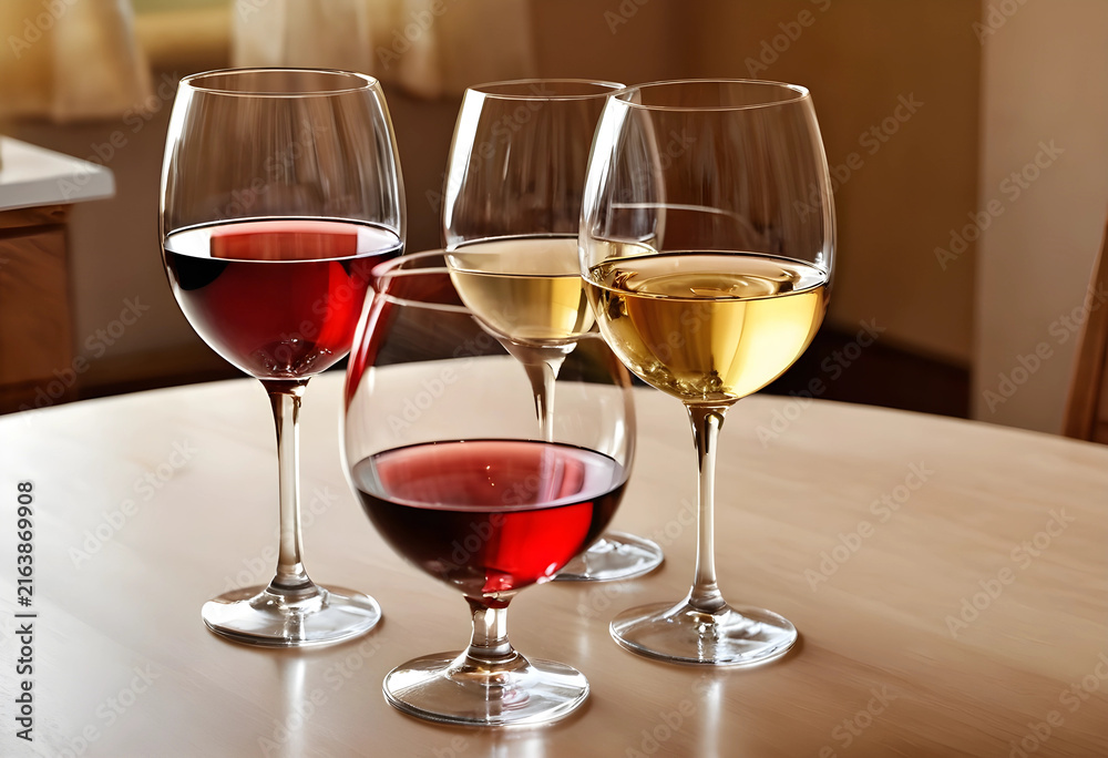 Naklejka premium Wine tasting and celebration, variety of red and white wines in elegant glasses on a wooden table, social gathering and fine dining