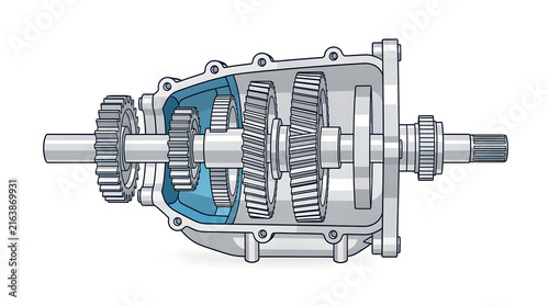 Gearbox illustration showing internal mechanical components and shifting shafts for automotive transmission design.