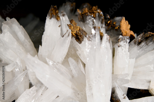 Bild auf Leinwand A detailed macro close-up of a calcite mineral cluster featuring translucent white scalenohedral crystals with dark iron oxide inclusions near the tips, set against a black background