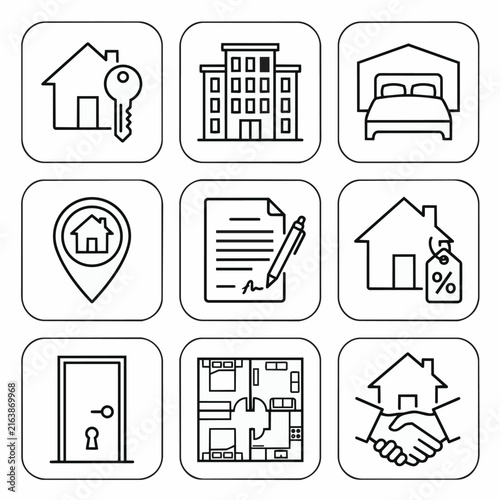 Property Rental Icon Set, Minimalist Black Line Icon Bundle, Real Estate House Kos Vector Icons