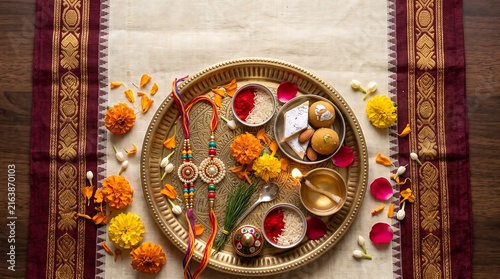 Rakhi Bandhan celebration thali with sacred thread, sweets, and flowers on textile