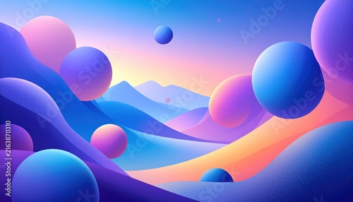 Dreamy abstract landscape with floating spheres and gradient colors.