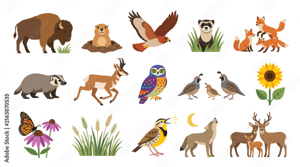 Obraz premium Flat Vector Animals Illustration of Wildlife in Nature, Cartoon Style