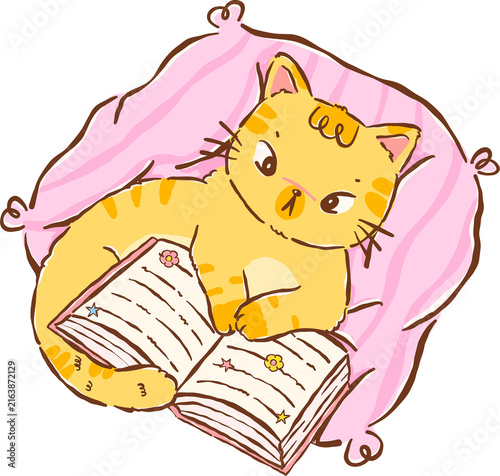 Obraz na plátně Cozy Orange Cat Bookish Reading a Book on Pillow Hand drawn Illustration