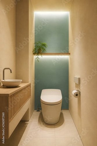 Japandi style minimalist bathroom interior with modern toilet and wooden vanity