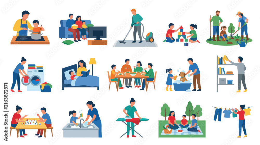 Fototapeta premium Flat Family Life Household Chores Vector Illustration Set: Daily Activities Parenting Scenes
