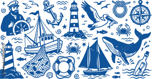 Cuadro en lienzo Nautical elements vector set featuring hand drawn maritime icons like lighthouse