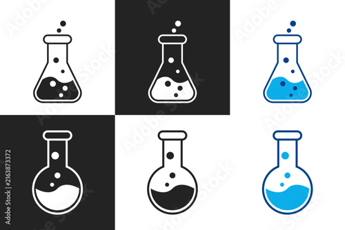 Science laboratory flask icon set, minimal outline chemistry glassware collection vector illustration