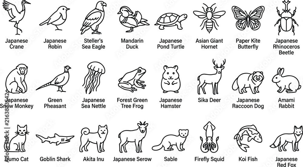 Obraz premium Japanese Wildlife and Native Animal Line Icon Set with Traditional Birds Marine Creatures and Insects for Educational Infographic Designs