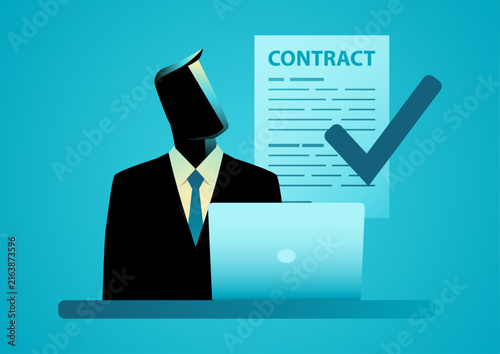 Businessman with contract document and laptop, business agreement and legal document concept