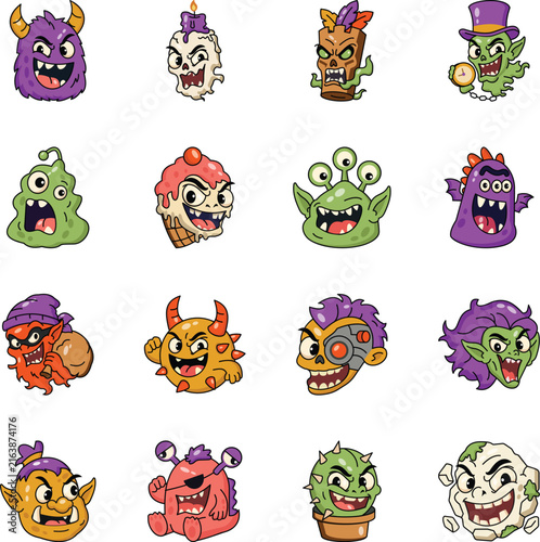 Foto Playful spooky character collection featuring furry monsters, candle ghosts, cursed totems, slime creatures, bats, witches, ogres, hydras, cactus monsters